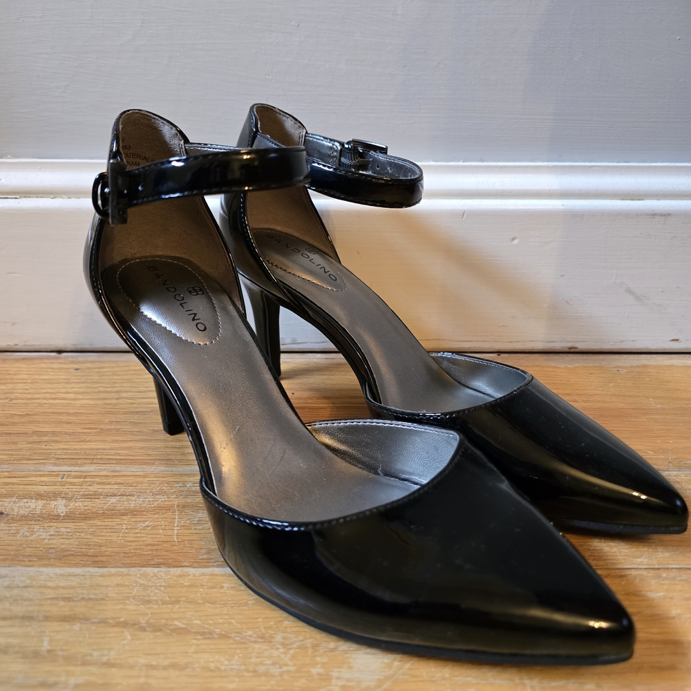 Bandolino Glossy Black Patent Ankle Strap Pumps